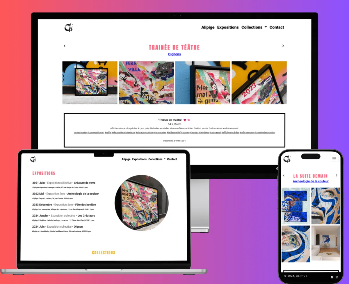 Site vitrine Alipige, d'autres pages sur les mêmes écrans