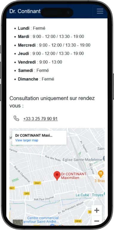 Site vitrine Docteur Continant sur mobile, capture 5