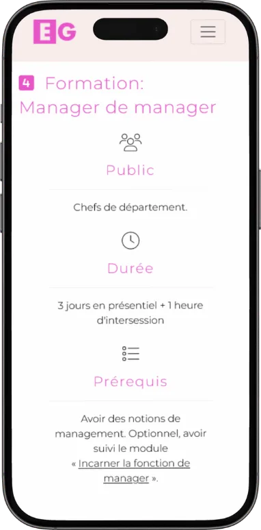 Site vitrine EG Formation sur mobile, capture 4