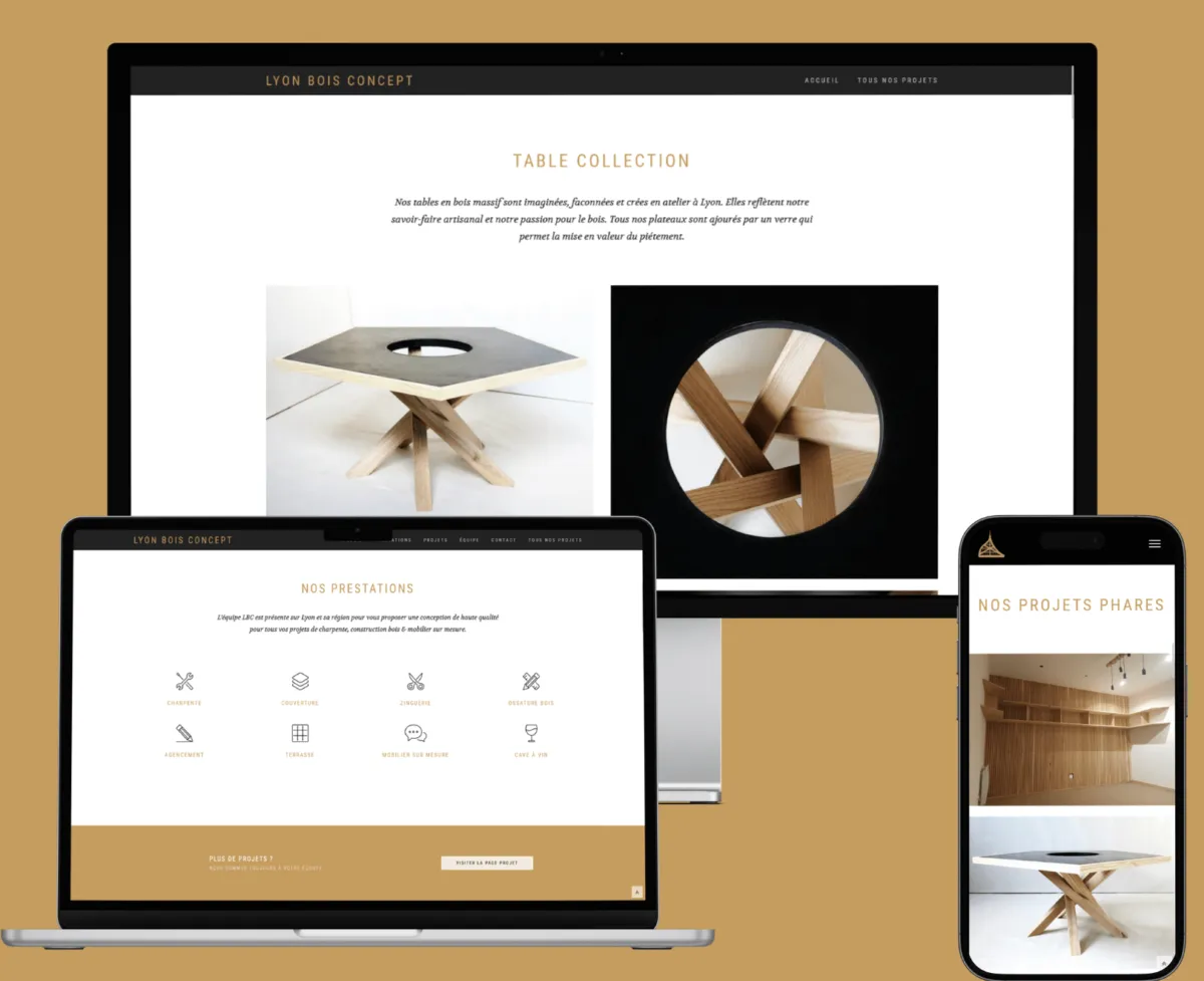 Site vitrine LyonBoisConcept, d'autres pages sur les mêmes écrans